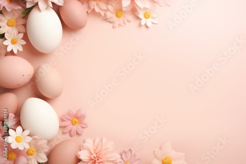 Easter eggs  flowers  on pastel peach fuzz background. Flat lay  top view  copy space.