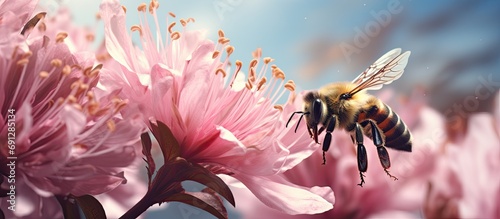 Bumblebee flying over pink flower on sunny day photo