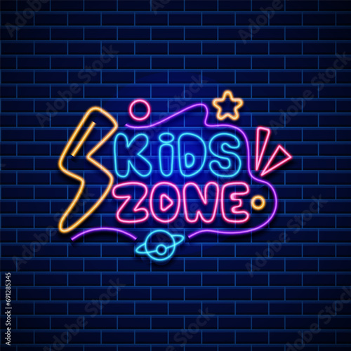 Kids Zone neon sign board. Children's play zone in neon light style on wall brick vector illustration
