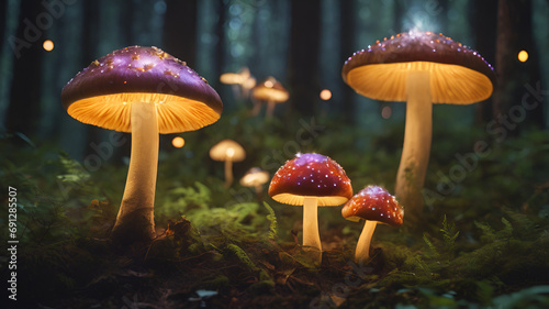 Colorful, glowing mushrooms in a mystical forest. Created with generative AI, vibrant, colorful, dreamy, magical, nature, woodland, enchanting, 