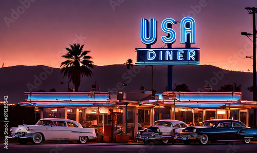 Vintage USA vibes: 60s outdoor dinner, neon signs, and cars