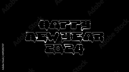 Happy New Year 2024 ascii animation on black background. Ascii art code symbols with shining and glittering sparkles effect backdrop. Attractive attention promo. photo