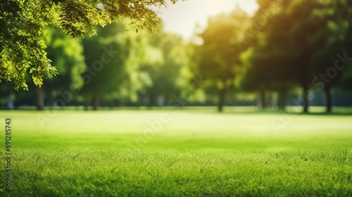 Green lawn and trees background with copyspace. Nature background concept. Generative AI