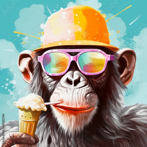 Abstract painting concept. Colorful art of a monkey with sunglasses and ice cream. Generative AI