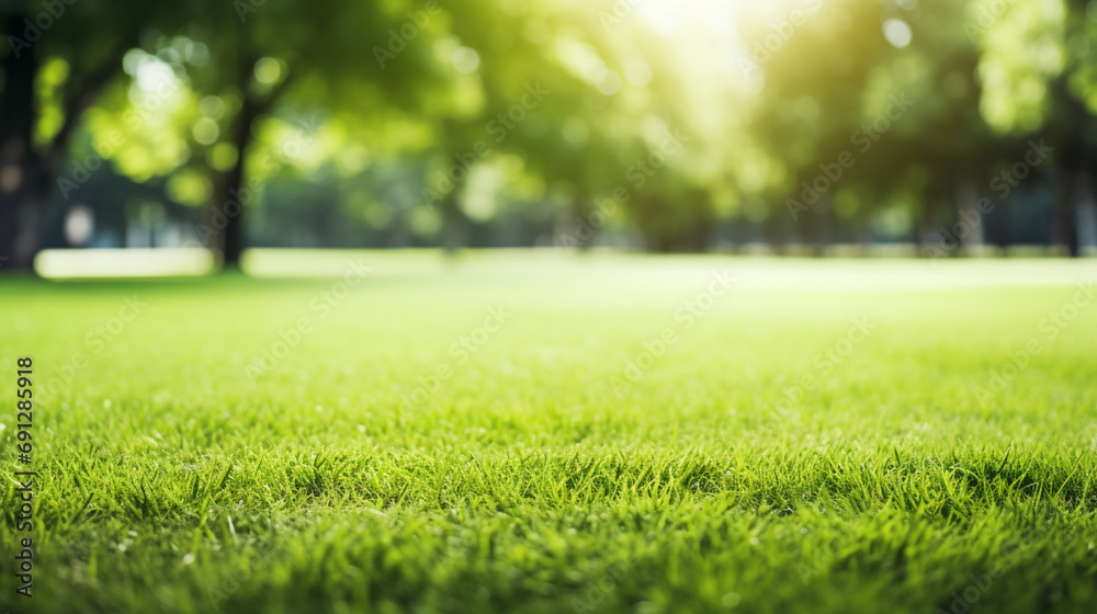Green lawn and trees background with copyspace. Nature background concept. Generative AI Green lawn and trees background with copyspace. Nature background concept. Generative AI