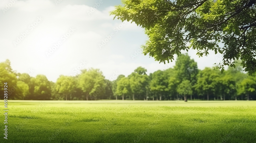 Green lawn and trees background with copyspace. Nature background concept. Generative AI Green lawn and trees background with copyspace. Nature background concept. Generative AI