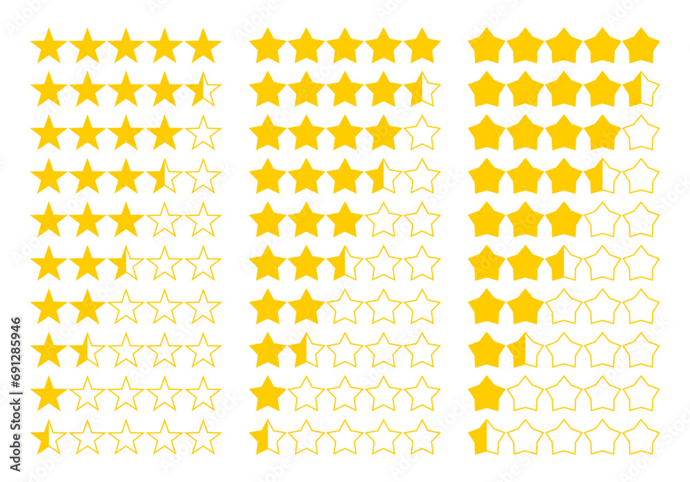 5 star rating icon set. full and half star rating completely. vector ...