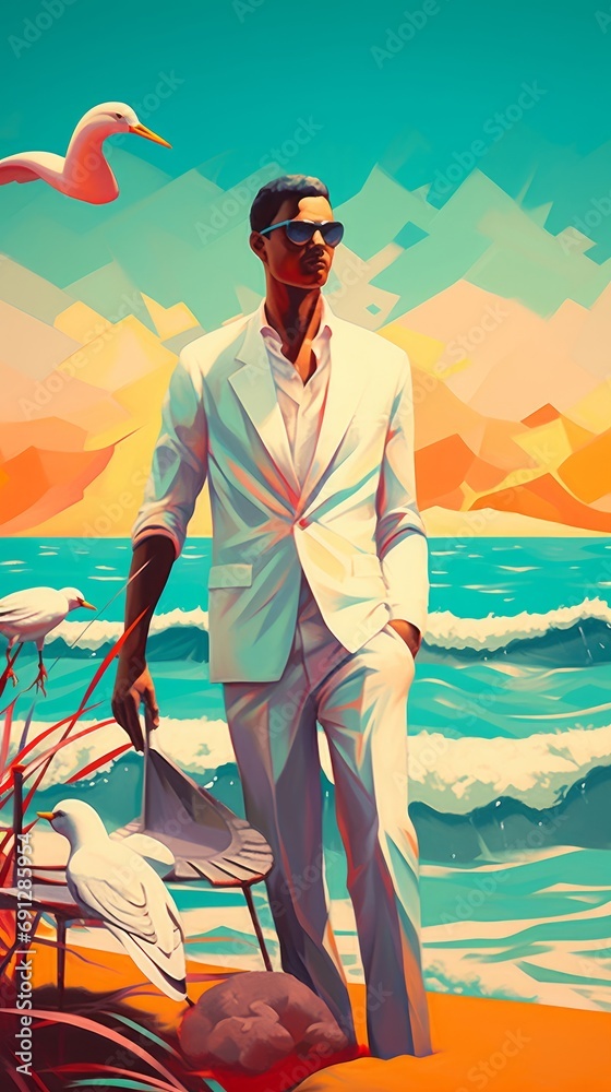 Abstract art. Colorful painting art of a man at the beach. Background illustration. Generative AI
