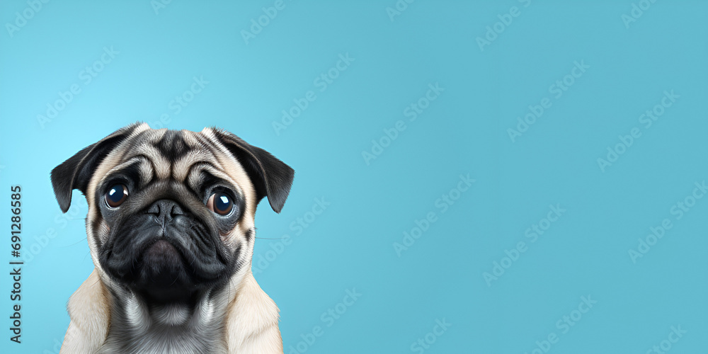 Playful pug on blue background, Pug Perfection: Playful Canine on Blue Background