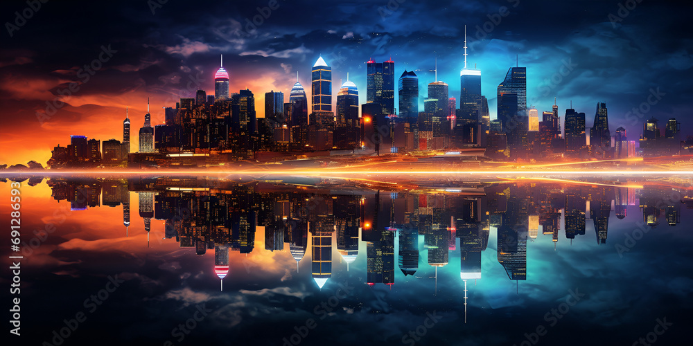 A vibrant cityscape at night with illuminated buildings and colorful reflections, Nighttime Glow: A Stunning Urban Cityscape