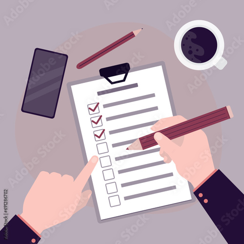 Planner or notebook concept. Top view workplace with checklist, schedules. Time management. Businessman hand uses pencil and notes successfully completed tasks.