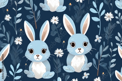 Watercolor floral and rabbits seamless wallpaper background for crafts, art projects, invitations. Happy Easter