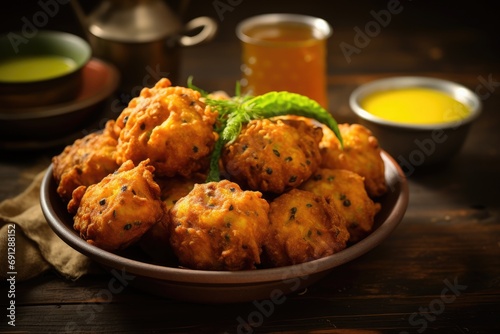Mungdal bhajiya or yellow split gram fritters served. Chicken Pakora with sauce photo