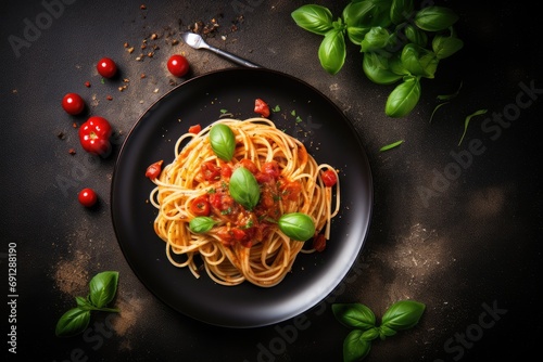 Delicious tasty classic Italian spaghetti pasta with tomato sauce, parmesan and basil on a plate on a dark table.