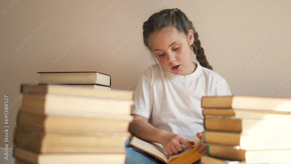 Teenage girl in library reads lot of books. Happy smart generation of kids schoolchildren, students. Reading books in library. Interesting books, desire for knowledge. generation of smart kids