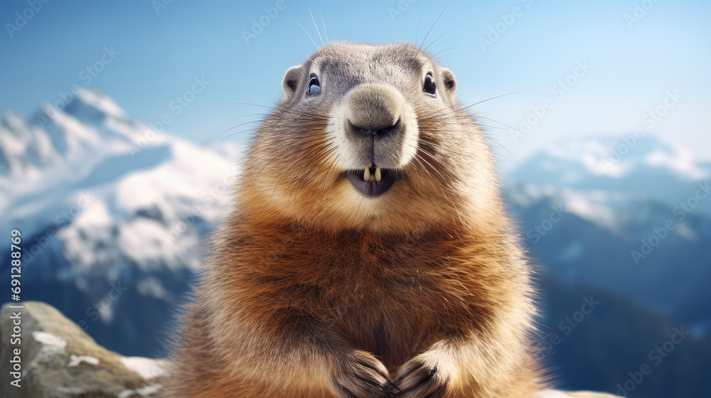 A cute fluffy marmot crawled out of its hole among the mountains and rocks on a sunny spring day.