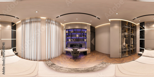 360-degree round 3D illustration that features a seamless panorama of a bedroom interior design in a modern luxury style