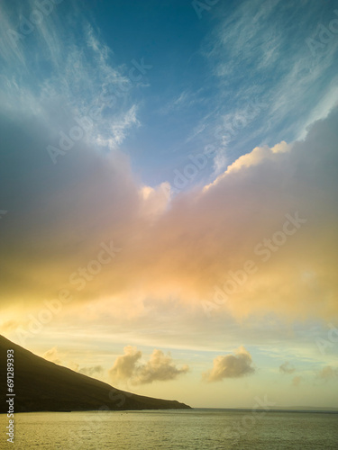 Irelands West on Achill Island. Drone shot of the sky at sunset.