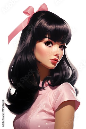Vintage cute pink Pin up Girl with Black curly hair and red lipstick wearing a dress, sexy alluring beautiful, classy digital illustration pink background