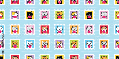 cat seamless pattern heart valentine kitten stamp post mail calico munchkin neko vector cartoon pet sticker doodle gift wrapping paper tile background repeat wallpaper illustration isolated design