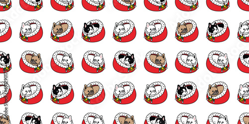 dog seamless pattern french bulldog Christmas sleeping bed Santa Claus vector cartoon puppy pet doodle gift wrapping paper tile background repeat wallpaper illustration scarf isolated design