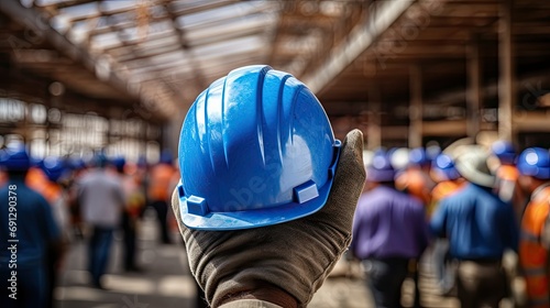 Man holding blue helmet close up. Construction workers © Taufiq