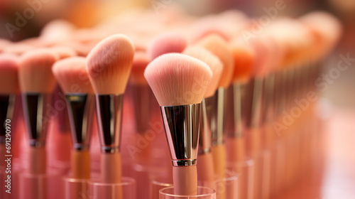 Row of elegant makeup brushes with Peach Fuzz tones, perfect for a flawless finish.