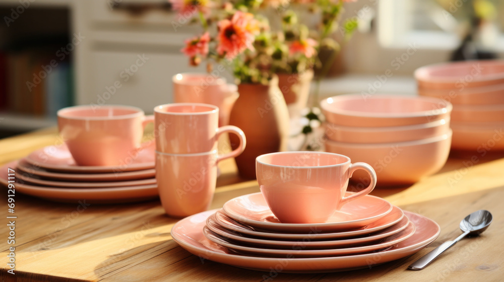 Peach Fuzz ceramic cups and plates set on a table with natural adornments.