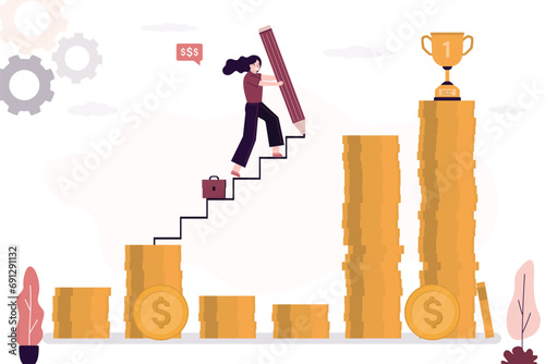 Smart businesswoman draws ladder on chart with pencil. Financial crisis overcoming. Business profitability during economic recession or crisis,