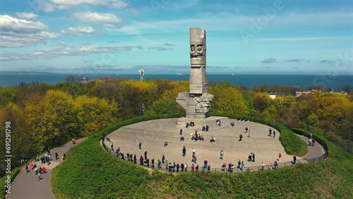 Drone flying above historical monument in Westerplatte, Gdansk, Poland photo