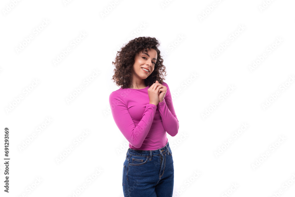 young successful leader woman with black hair is dressed in a purple sweater on a white background
