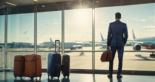 businessman standing waiting for flight at airport window with travel luggage