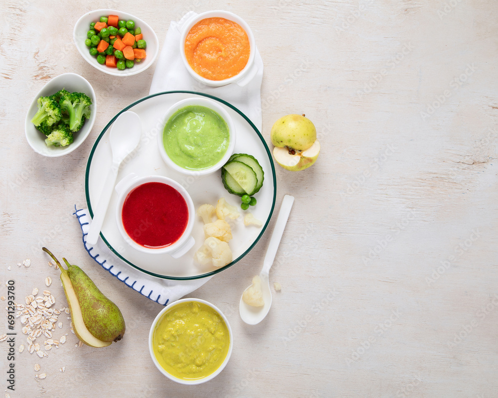 Baby food. Colorful vegetable and fruit puree. Baby food. Colorful vegetable and fruit puree.