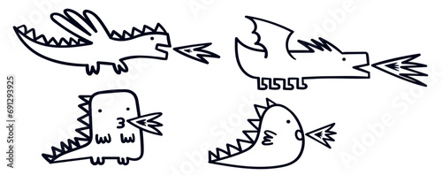 Set of cute baby dragons. Vector outline illustrations. Hand drawn graphic design. Simple art. Best for nursery or for baby products.
