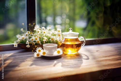 Chamomile herbal tea with a glass teapot nearby window and chamomile bouquet on table