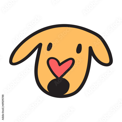 Dog face with little red heart. Pets adoption. Vector flat illustration