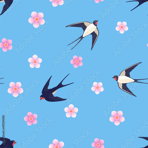 Cartoon flying swallows and pink sakura flowers on a blue background. Spring seamless pattern. Vector illustration of birds in the sky.