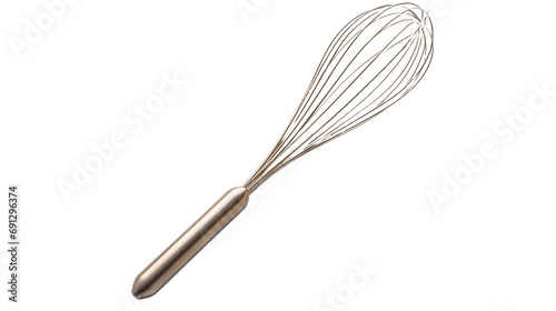 A whisk with a wire handle on a white background, perfect for mixing ingredients in a culinary setting, isolated in the image