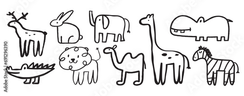 Collection of cute baby animals. Deer, elephant, crocodile, giraffe, bunny, lion, camel, hippo, zebra. Hand drawn outline vector illustration on white background. Children art. © Igor