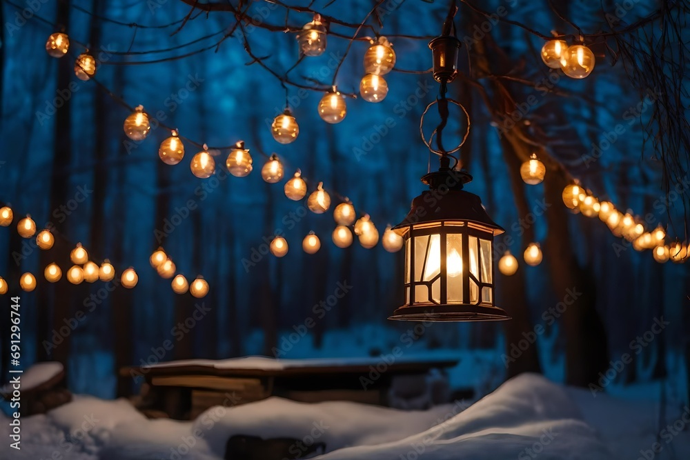 Winter forest survival shelter with kerosene lamp and garlands hanging over it - obrazy, fototapety, plakaty 