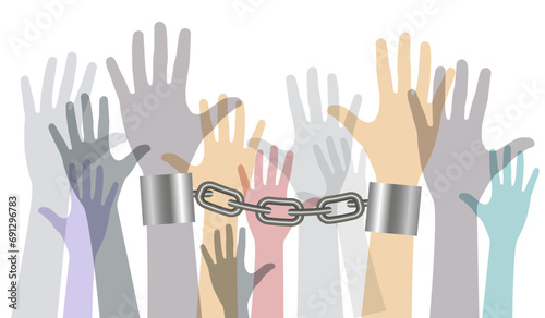 Outstretched hands in handcuffs. Vector illustration.