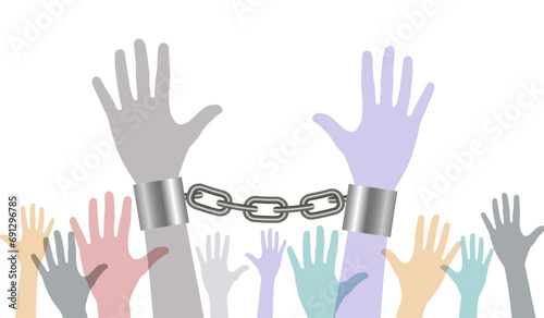 Outstretched hands in handcuffs. Vector illustration.