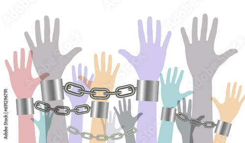 Outstretched hands in handcuffs. Vector illustration.