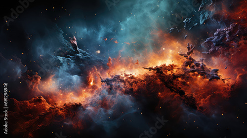 A nebula in space with orange color in the center, in the style of crimson and blue, whiplash curves, light black and pink, nyc explosion coverage, photographs of surfaces, elaborate spacecrafts photo