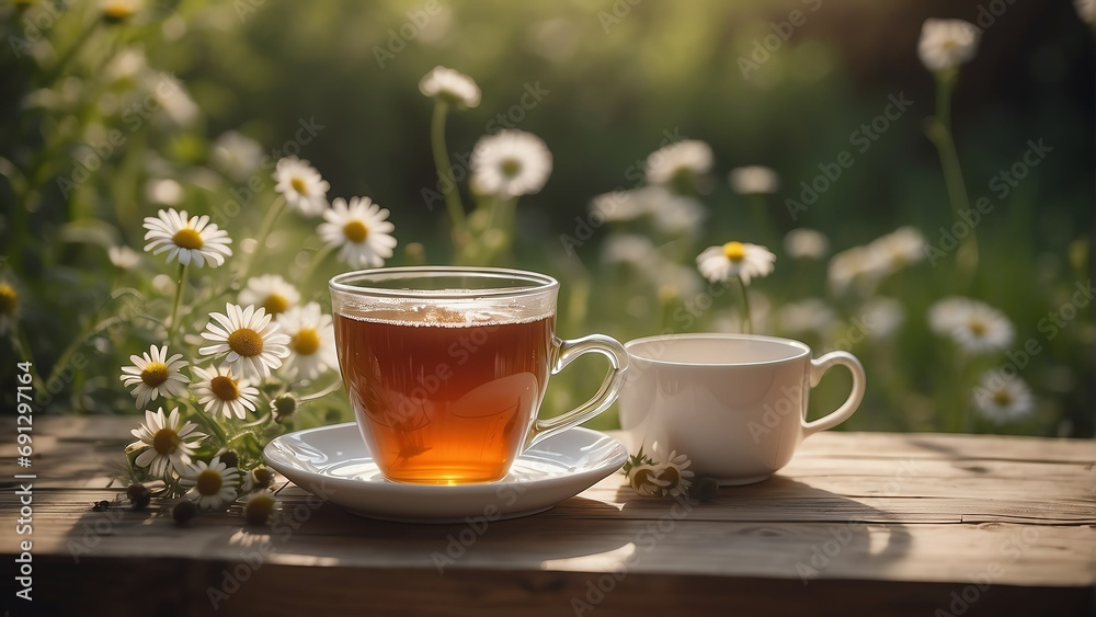 A cup of hot tea on a wooden table in summer at chamomile garden background from Generative AI