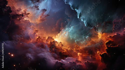 A nebula in space with orange color in the center, in the style of crimson and blue, whiplash curves, light black and pink, nyc explosion coverage, photographs of surfaces, elaborate spacecrafts photo
