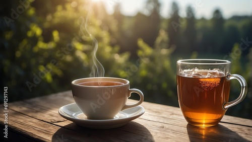 A cup of hot tea on a wooden table in summer background from Generative AI