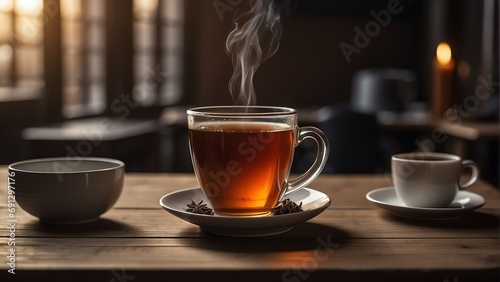 A cup of hot tea on a wooden table in office background from Generative AI