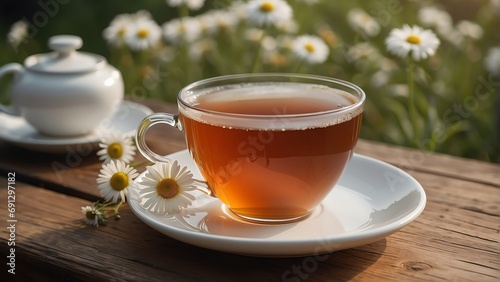 A cup of hot tea on a wooden table in summer at chamomile garden background from Generative AI