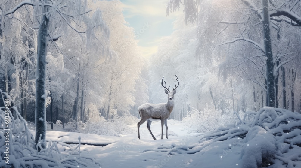 Craft a scene of a serene snowy clearing with wildlife, like deer or rabbits, amid the snow. Craft a scene of a serene snowy clearing with wildlife, like deer or rabbits, amid the snow.